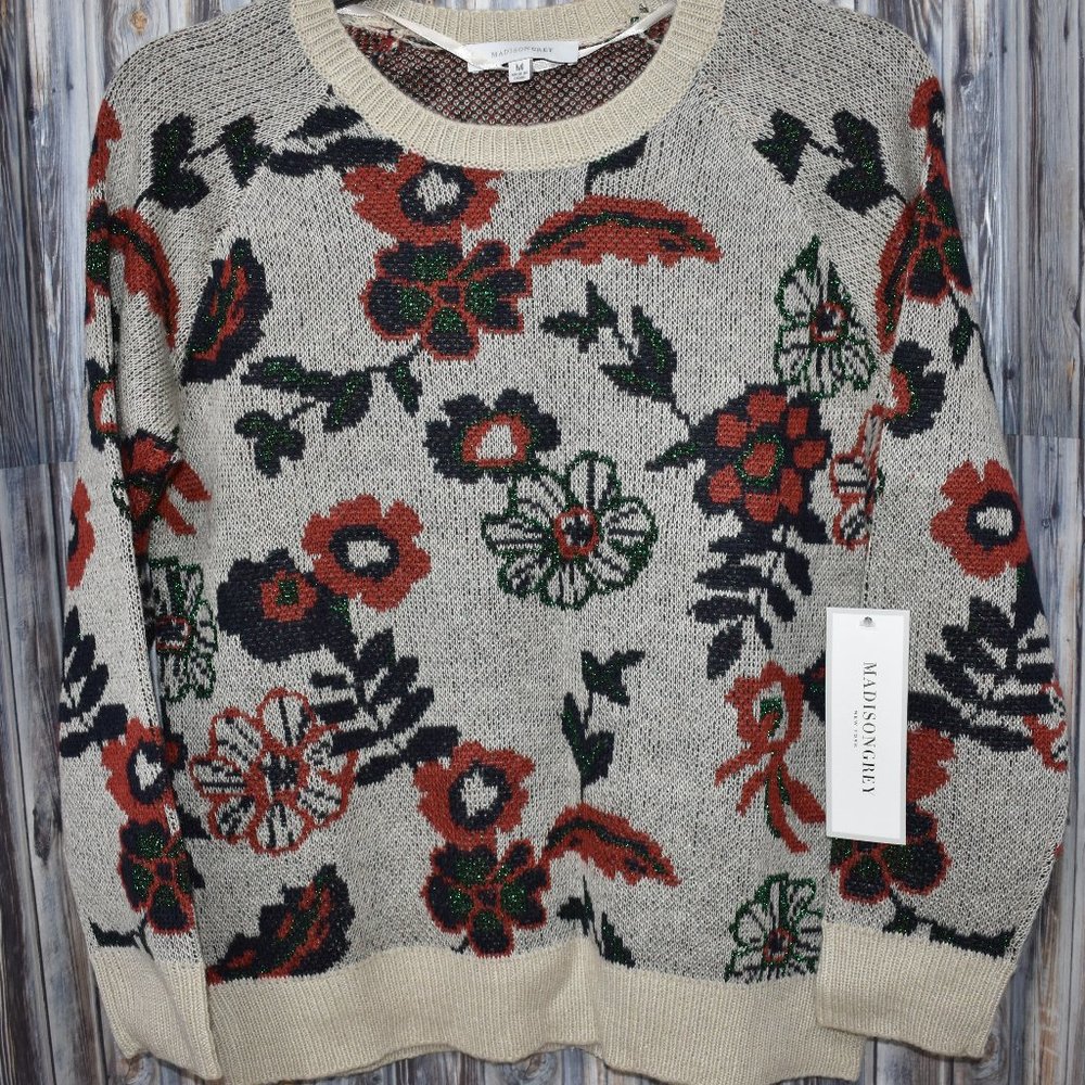 Madison Grey Cream Rust Green Floral Sweater New